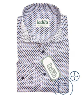Ledub 0701902 176 overhemd wit donkerblauw beige grafische print modern